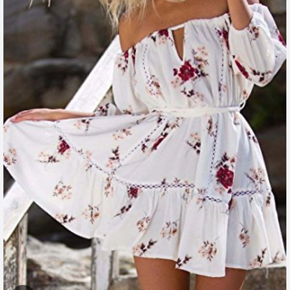 Floral dress boho off shoulder summer beach dress with belt #9